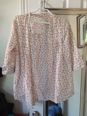 George White Button-Front Shirt with Pink Floral Print